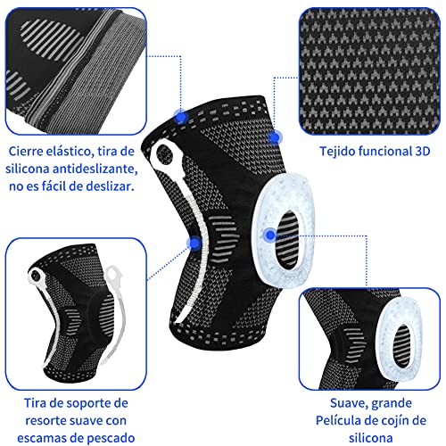 MEAR Rodilleras, rodilleras de compresión con almohadilla de gel de rótula y estabilizadores laterales de resorte, protector de rodilla para correr, desgarro de menisco, artritis (negro unique, L)