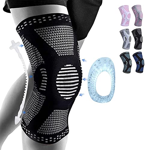 MEAR Rodilleras, rodilleras de compresión con almohadilla de gel de rótula y estabilizadores laterales de resorte, protector de rodilla para correr, desgarro de menisco, artritis (negro unique, L)