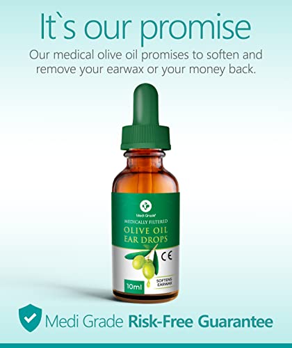 Medi Grade Gotas para Oídos de Aceite de Oliva Virgen Extra - Botella de 10 ml - 100% Grado Médico - Ablanda y Elimina la Acumulación de Cerumen Oído - Uso con el Limpiador de Oídos - Alivio Rápido…