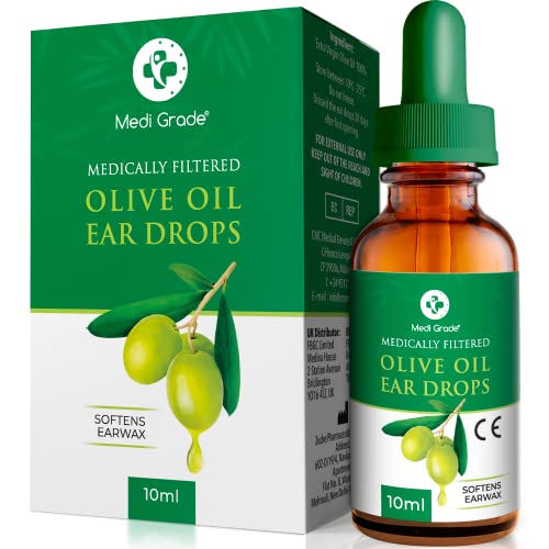 Medi Grade Gotas para Oídos de Aceite de Oliva Virgen Extra - Botella de 10 ml - 100% Grado Médico - Ablanda y Elimina la Acumulación de Cerumen Oído - Uso con el Limpiador de Oídos - Alivio Rápido…
