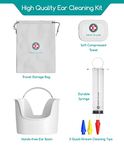 Medi Grade Kit Limpia Oídos (8 Piezas) – Limpiador de Tapones Oídos Seguro – Set Limpiador de Oídos – Con Jeringuilla Grande de 100 ml, Puntas de 4 Chorros, Recipiente para Agua, Toalla y Bolsa