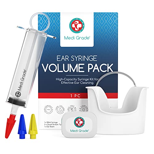 Medi Grade Kit Limpia Oídos (8 Piezas) – Limpiador de Tapones Oídos Seguro – Set Limpiador de Oídos – Con Jeringuilla Grande de 100 ml, Puntas de 4 Chorros, Recipiente para Agua, Toalla y Bolsa