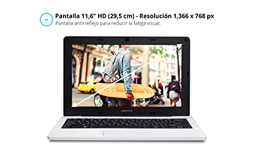 MEDION Classmate E11201 - Ordenador portátil para educación de 11,6" HD (Intel Celeron N3450, 4GB de RAM, 64GB eMMC, Intel HD Graphics, Windows 10 Pro Academic) Color Blanco - Teclado Qwerty Español