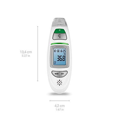 medisana TM 750 Termómetro clínico digital 6en1, Termómetro de oído para bebés, niños y adultos, termómetro frontal con alarma visual de fiebre, función de memoria y medición de líquidos