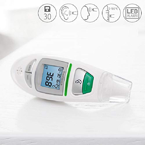 medisana TM 750 Termómetro clínico digital 6en1, Termómetro de oído para bebés, niños y adultos, termómetro frontal con alarma visual de fiebre, función de memoria y medición de líquidos