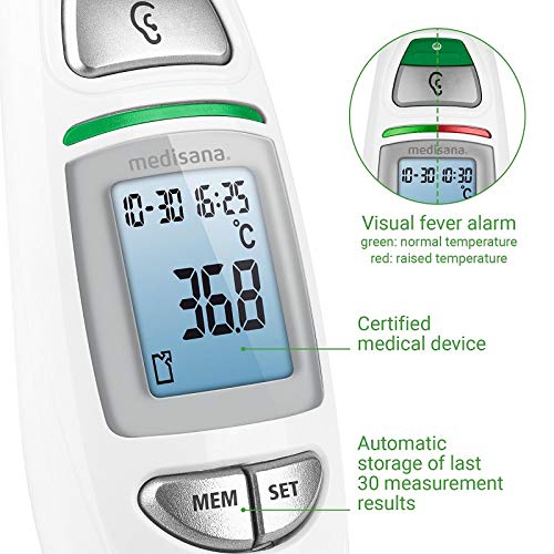 medisana TM 750 Termómetro clínico digital 6en1, Termómetro de oído para bebés, niños y adultos, termómetro frontal con alarma visual de fiebre, función de memoria y medición de líquidos