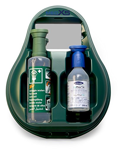 MedX5 (Upgrade 2020) Ducha ocular de emergencia, producto para el lavado de ojos con suero fisiológico (0,9 %) y solución tamponada BioPhos®74, estación de lavado ocular con espejo