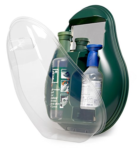 MedX5 (Upgrade 2020) Ducha ocular de emergencia, producto para el lavado de ojos con suero fisiológico (0,9 %) y solución tamponada BioPhos®74, estación de lavado ocular con espejo