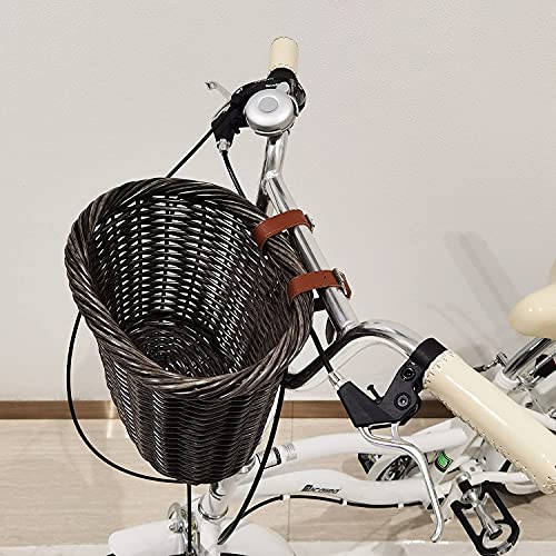Meghna Cesta para bicicleta hecha a mano de mimbre con correa de piel