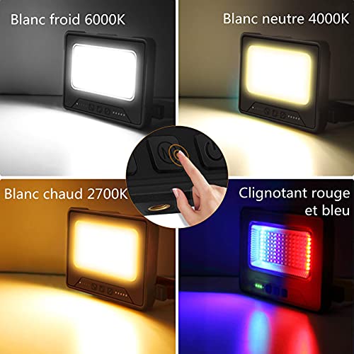 MEIKEE Luz de Trabajo Recargable, Foco LED Portátil 1000 lúmenes Batería 10000 mAh, Recargable por USB y Solar, Lámpara de Trabajo para Camping, Pesca, Taller, Brillo de 5 Nivele + 3 Colores - Negro