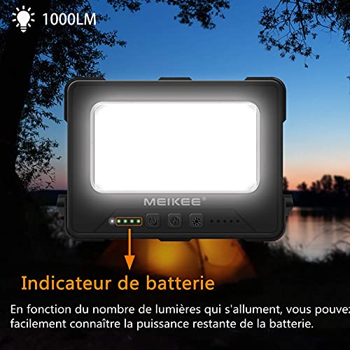 MEIKEE Luz de Trabajo Recargable, Foco LED Portátil 1000 lúmenes Batería 10000 mAh, Recargable por USB y Solar, Lámpara de Trabajo para Camping, Pesca, Taller, Brillo de 5 Nivele + 3 Colores - Negro