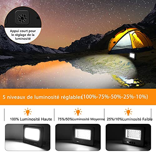 MEIKEE Luz de Trabajo Recargable, Foco LED Portátil 1000 lúmenes Batería 10000 mAh, Recargable por USB y Solar, Lámpara de Trabajo para Camping, Pesca, Taller, Brillo de 5 Nivele + 3 Colores - Negro