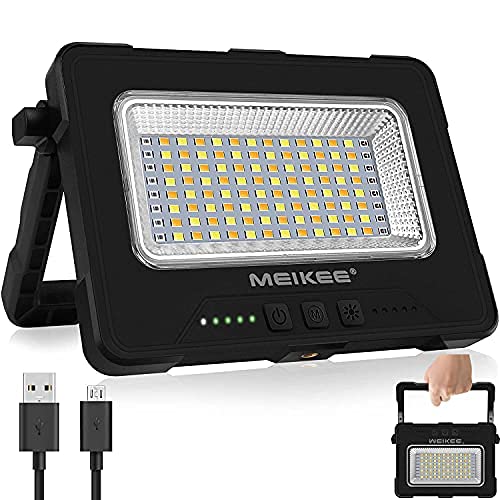 MEIKEE Luz de Trabajo Recargable, Foco LED Portátil 1000 lúmenes Batería 10000 mAh, Recargable por USB y Solar, Lámpara de Trabajo para Camping, Pesca, Taller, Brillo de 5 Nivele + 3 Colores - Negro