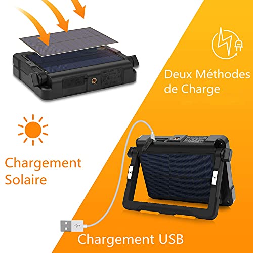 MEIKEE Luz de Trabajo Recargable, Foco LED Portátil 1000 lúmenes Batería 10000 mAh, Recargable por USB y Solar, Lámpara de Trabajo para Camping, Pesca, Taller, Brillo de 5 Nivele + 3 Colores - Negro