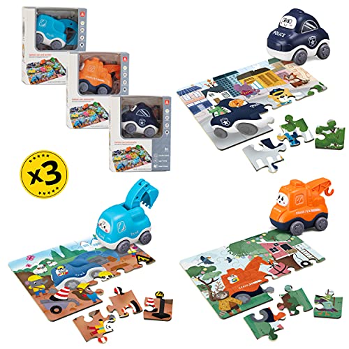 Meimii – 3x Puzzle Coches De Juguete Para Niños, Vehículos Inercia, 3 Rompecabezas, Coche de Policía, Excavadora, Grúa, Juego Para Niños 2 3 4 5 Años, Divertido Y Educativo Regalo De Cumpleaños (Set1)