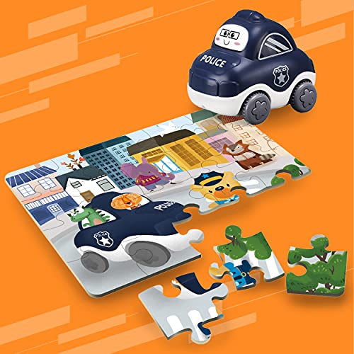 Meimii – 3x Puzzle Coches De Juguete Para Niños, Vehículos Inercia, 3 Rompecabezas, Coche de Policía, Excavadora, Grúa, Juego Para Niños 2 3 4 5 Años, Divertido Y Educativo Regalo De Cumpleaños (Set1)