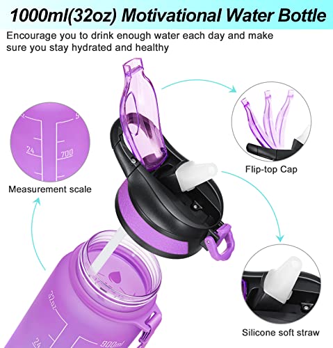 MEITAGIE Botella de Agua, Sin BPA Tritan Botella de Agua Deporte 1000ML, con Pajita y Sello de Tiempo, Adecuada para Infantil, Escuela, Corrida, Senderismo y Actividades al Aire