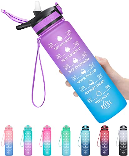 MEITAGIE Botella de Agua, Sin BPA Tritan Botella de Agua Deporte 1000ML, con Pajita y Sello de Tiempo, Adecuada para Infantil, Escuela, Corrida, Senderismo y Actividades al Aire