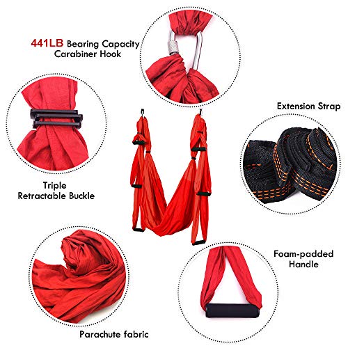 MelkTemn Columpio de Yoga Aéreo Hamaca de Yoga/Yoga Aéreo/Yoga Trapecio,Tafetán de Nailon Antigravedad Swing Sling Inversión para Colgarse y Aliviar el Dolor de Espalda, para Gimnasio, hogar (A Rojo)