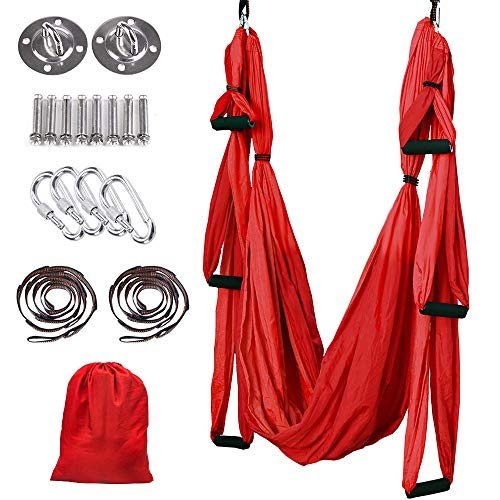 MelkTemn Columpio de Yoga Aéreo Hamaca de Yoga/Yoga Aéreo/Yoga Trapecio,Tafetán de Nailon Antigravedad Swing Sling Inversión para Colgarse y Aliviar el Dolor de Espalda, para Gimnasio, hogar (A Rojo)