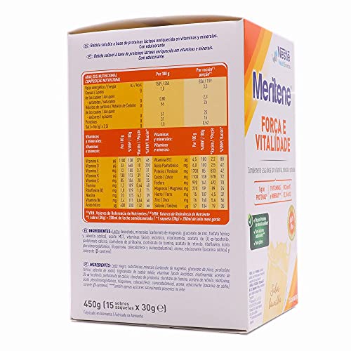MERITENE Vainilla, Fuerza y Vitalidad, Batido, Complemento Alimenticio, Vitaminas y Minerales, Sobres, Blanco, 15 Unidades