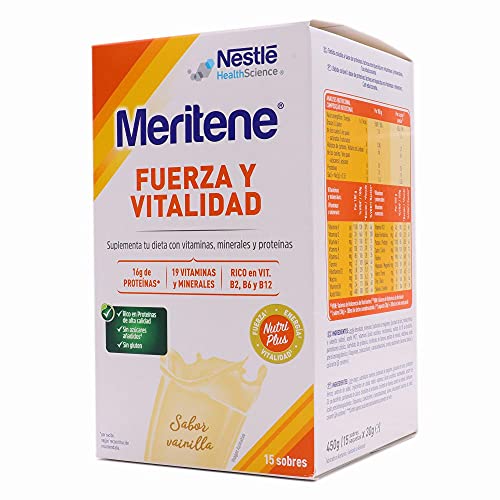 MERITENE Vainilla, Fuerza y Vitalidad, Batido, Complemento Alimenticio, Vitaminas y Minerales, Sobres, Blanco, 15 Unidades