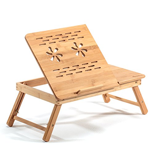Mesa de Cama Para Portátil Hankey de Madera de Bambú Con Patas - Bandeja de Desayuno Plegable Con Atril y Cajón Para Leer un Libro, Ver Una Peli o Trabajar En Tu Tableta iPad o Portátil de 17"