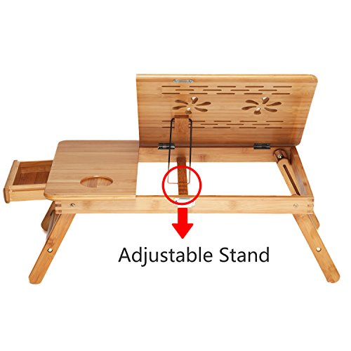 Mesa de Cama Para Portátil Hankey de Madera de Bambú Con Patas - Bandeja de Desayuno Plegable Con Atril y Cajón Para Leer un Libro, Ver Una Peli o Trabajar En Tu Tableta iPad o Portátil de 17"