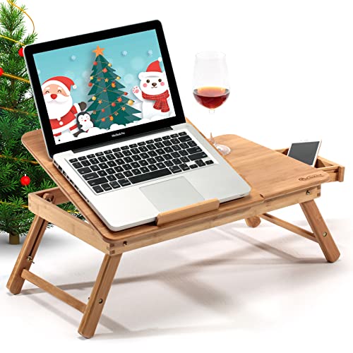 Mesa de Cama Para Portátil Hankey de Madera de Bambú Con Patas - Bandeja de Desayuno Plegable Con Atril y Cajón Para Leer un Libro, Ver Una Peli o Trabajar En Tu Tableta iPad o Portátil de 17"