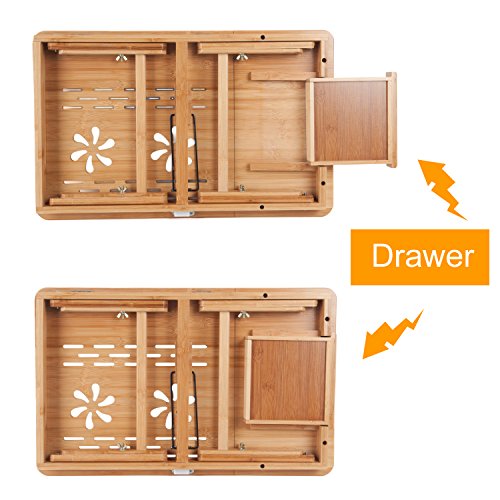 Mesa de Cama Para Portátil Hankey de Madera de Bambú Con Patas - Bandeja de Desayuno Plegable Con Atril y Cajón Para Leer un Libro, Ver Una Peli o Trabajar En Tu Tableta iPad o Portátil de 17"