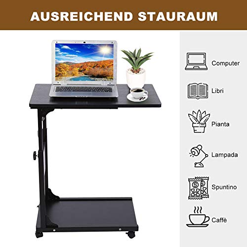 Mesita de noche movible sobre la mesa de la cama Soporte para computadora portátil, escritorio de trabajo para computadora, sofá, cama lateral, mesa auxiliar con ruedas, en forma de C, mesa(Negro)