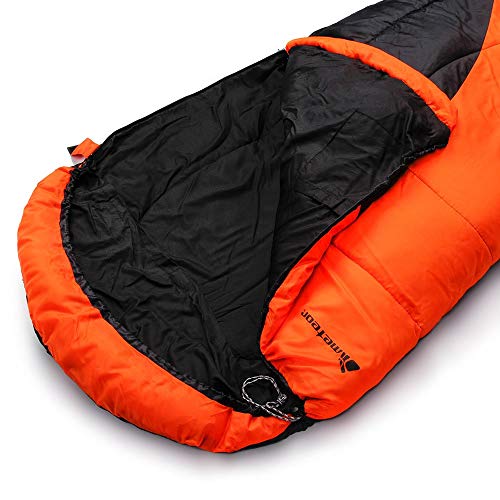 meteor Saco de Dormir Tipo Momia - Ideal para niños y Adultos en Viaje, Camping, Festival, Acampada Senderismo al Aire Libre Portátil con Saco de Compresion Samar (Cremallera Derecha, Naranja/Negro)