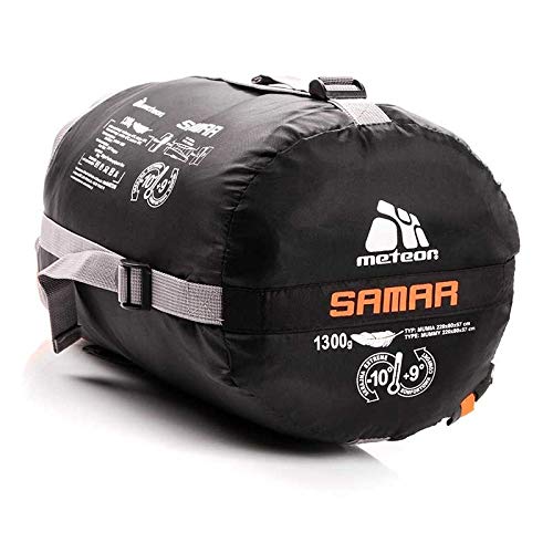 meteor Saco de Dormir Tipo Momia - Ideal para niños y Adultos en Viaje, Camping, Festival, Acampada Senderismo al Aire Libre Portátil con Saco de Compresion Samar (Cremallera Derecha, Naranja/Negro)