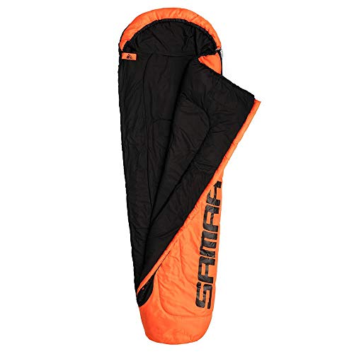 meteor Saco de Dormir Tipo Momia - Ideal para niños y Adultos en Viaje, Camping, Festival, Acampada Senderismo al Aire Libre Portátil con Saco de Compresion Samar (Cremallera Derecha, Naranja/Negro)