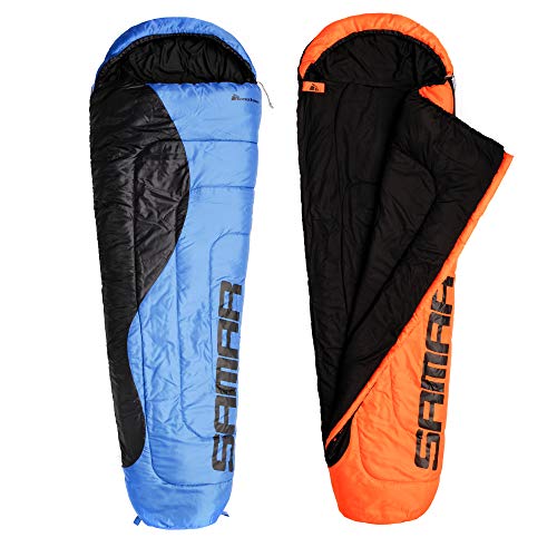 meteor Saco de Dormir Tipo Momia - Ideal para niños y Adultos en Viaje, Camping, Festival, Acampada Senderismo al Aire Libre Portátil con Saco de Compresion Samar (Cremallera Derecha, Naranja/Negro)