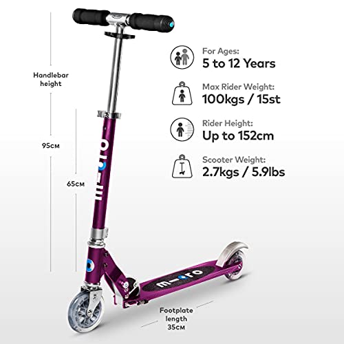 Micro® Sprite, Original Design, Patinete 2 Ruedas Plegable, +6 Años, Peso 2,85kg, Carga Máx 100Kg, Aluminio, Plataforma Antideslizante, Rodamientos ABEC 9 (Morado Metalizado)