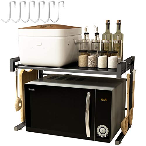 Microondas Estanteria Cocina Horno Soporte: Mueble Armario Organizador Extensible Estante de Encimera - Almacenamiento Estanterias de Metalica para Hornos Olla Tostadora con 6 Colgar Ganchos | Negro
