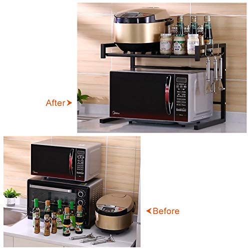 Microondas Estanteria Cocina Horno Soporte: Mueble Armario Organizador Extensible Estante de Encimera - Almacenamiento Estanterias de Metalica para Hornos Olla Tostadora con 6 Colgar Ganchos | Negro
