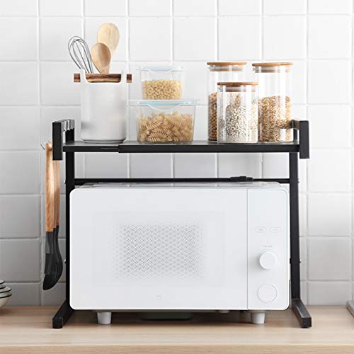 Microondas Estanteria Cocina Horno Soporte: Mueble Armario Organizador Extensible Estante de Encimera - Almacenamiento Estanterias de Metalica para Hornos Olla Tostadora con 6 Colgar Ganchos | Negro