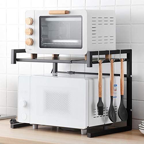 Microondas Estanteria Cocina Horno Soporte: Mueble Armario Organizador Extensible Estante de Encimera - Almacenamiento Estanterias de Metalica para Hornos Olla Tostadora con 6 Colgar Ganchos | Negro