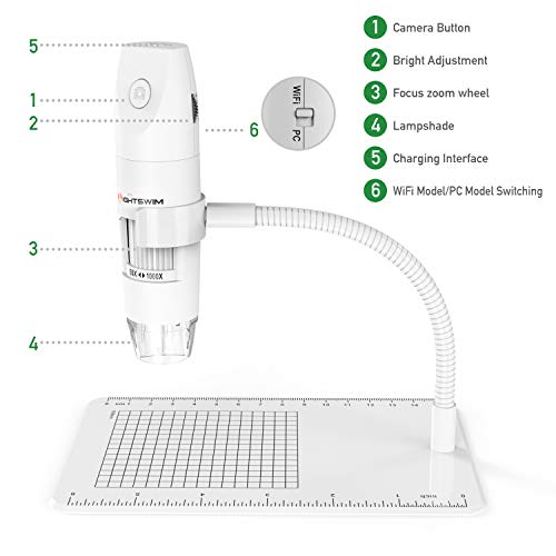 Microscopio Digital inalámbrico, Lightswim 50~1000x Mini microscopio de Bolsillo portátil Ampliación con cámara 1080P HD 2MP, 8 Luces LED para iPhone/iPad/Smartphone/Tablet/PC (Blanco)