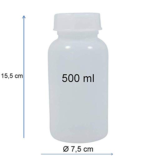 mikken - 2 botellas de boca ancha de 500 ml con tapón de rosca, botellas de farmacia, botellas de laboratorio, botella de medicamentos, bote de plástico, de plástico (PE-LD), sin BPA