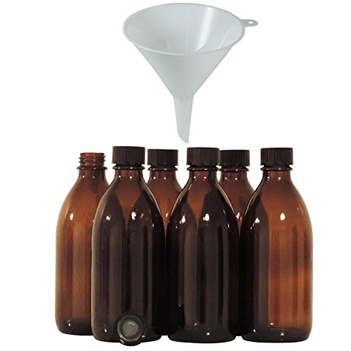 mikken - 6 flaconi medici marroni da 200 ml, per farmacia, da laboratorio, made in Germany e senza BPA, con imbuto, vetro, 6 pezzi