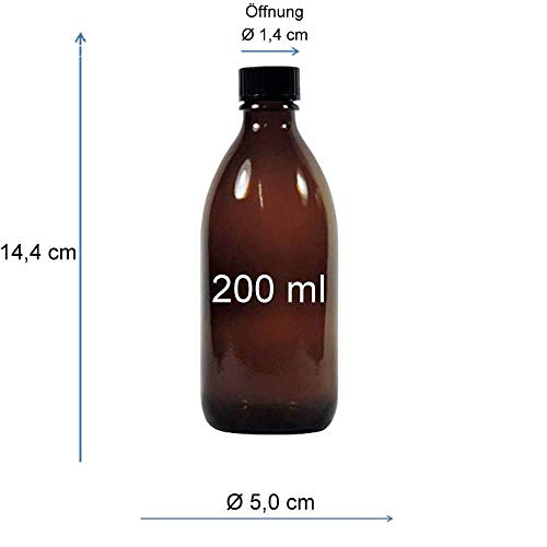 mikken - 6 flaconi medici marroni da 200 ml, per farmacia, da laboratorio, made in Germany e senza BPA, con imbuto, vetro, 6 pezzi