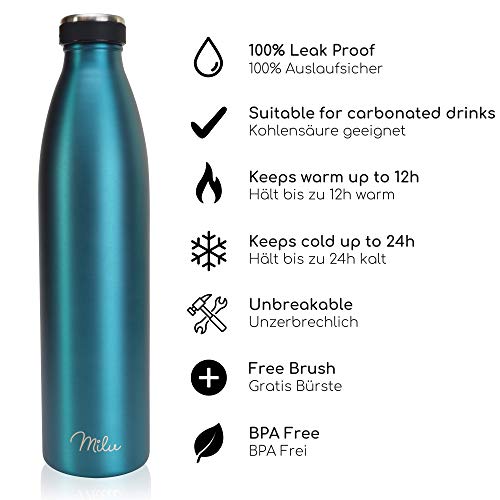 Milu Termo Botella de Agua 500ml, 750ml, 1l - Acero Inoxidable - Aislamiento de Vacío de Doble Pared - Libre BPA (Verde, 1000ml)
