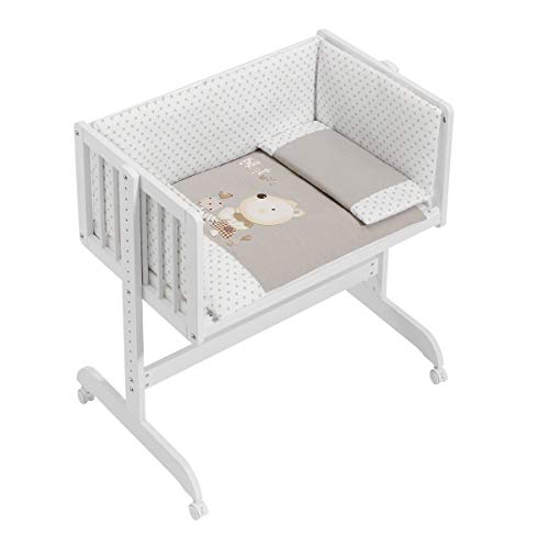 MINICUNA COLECHO COMPLETA. Incluye: Edredon desmontable con relleno + Cojín almohada + 2 Protectores con cremallera + Colchón minicuna + 4 ruedas con freno