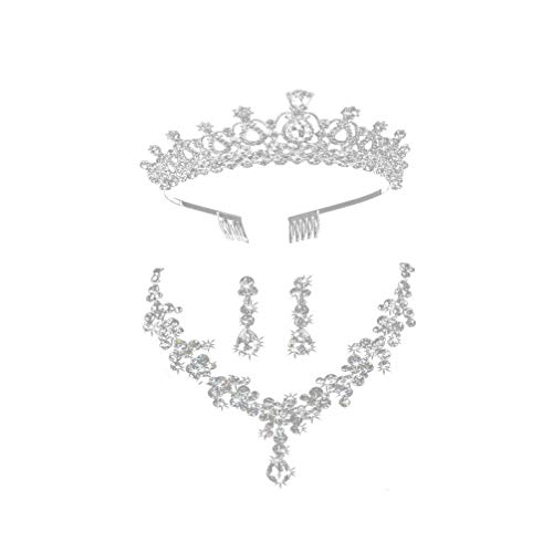 minkissy Collar de Cristal Pendientes de Tiara Conjuntos de Joyas de Novia Corona de Boda Pendientes de Collar de Diamantes de Imitación para Fiesta de Banquete (Plata)