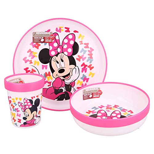 MINNIE MOUSE - DISNEY |Vajilla infantil bicolor- Set de 3 piezas: Plato, cuenco y vaso para niños - Vajilla Bebé Antideslizante con base de silicona - Libre de BPA