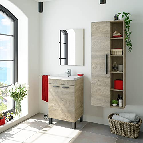 Miroytengo Mueble baño Aseo + Espejo Roble Alaska 2 Puertas Industrial Moderno 50x40 cm con LAVAMANOS CERÁMICO