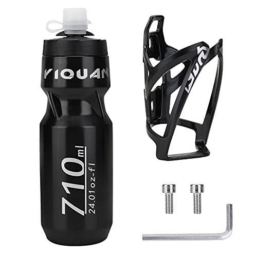 mlloaayo Botella de Agua para Ciclismo con Soporte, Botella Deportiva, Boquilla de Silicona Suave, Botella de Agua de plástico para Fitness, al Aire Libre, Escuela, Negro